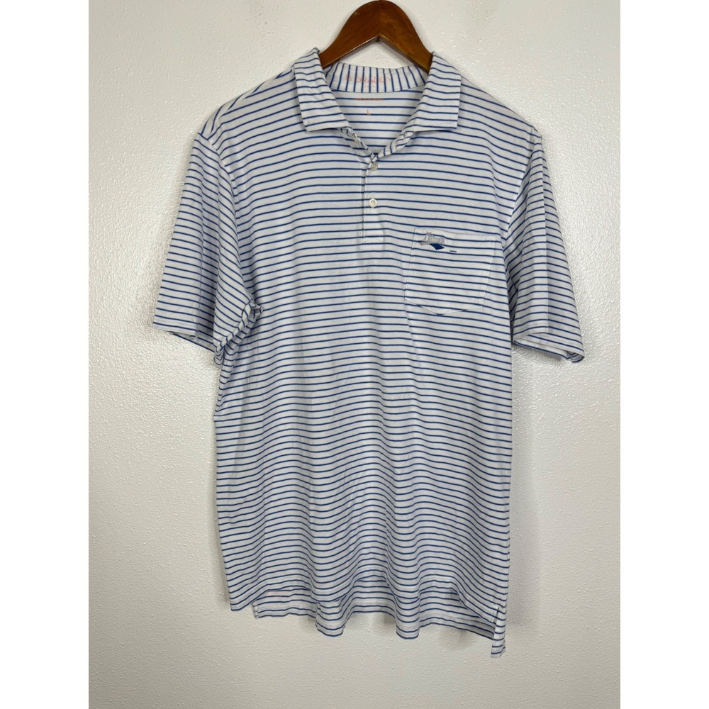 B. Draddy Mens Pima Cotton Blend Striped Polo Shirt Large Blue White Bridge Logo